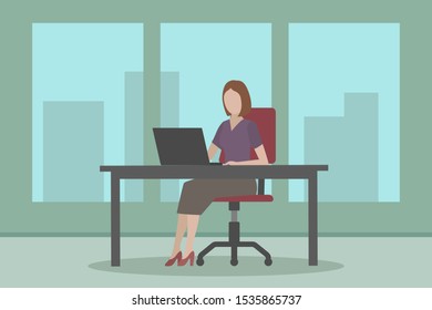 Caucasian woman sitting at table and working on computer. Office. Vector illustration.