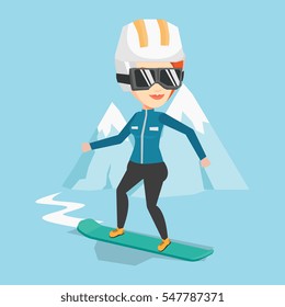 Caucasian woman snowboarding on the background of snow capped mountain. Snowboarder on piste in mountains. Young woman snowboarding in the mountains. Vector flat design illustration. Square layout.