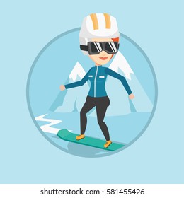 Caucasian woman snowboarding on the background of mountain. Snowboarder on piste in mountains. Woman snowboarding in the mountains. Vector flat design illustration in the circle isolated on background