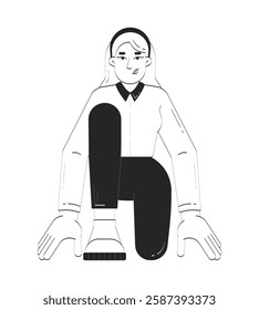 Caucasian woman in sprinter starting position doodle linear character. Young female entrepreneur ready for success 2D vector outline person isolated. Hand drawn drawing illustration monochrome