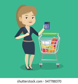 Caucasian woman standing near supermarket trolley with calculator in hand. Young woman checking prices on calculator. Customer counting on calculator. Vector flat design illustration. Square layout.
