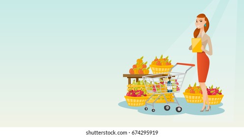 Caucasian woman standing near trolley with products and checking shopping list on the background of supermarket section with vegetables and fruits. Vector flat design illustration. Horizontal layout.