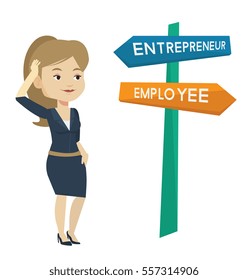 Caucasian woman standing at road sign with two career pathways - entrepreneur and employee. Young woman making a decision of future career. Vector flat design illustration isolated on white background