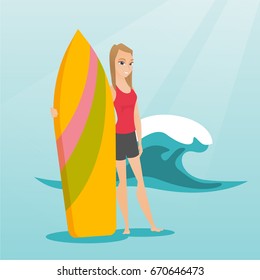 Caucasian woman standing with a surf board on the beach. Young surfer holding a surf board on the background of sea wave. Vector flat design illustration. Square layout.