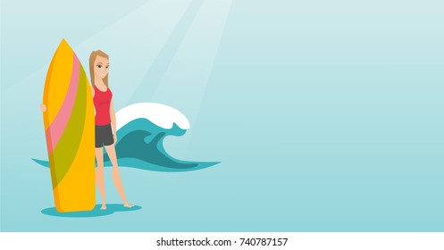 Caucasian woman standing with a surf board on the beach. Young surfer holding a surf board on the background of sea wave. Vector flat design illustration. Horizontal layout.