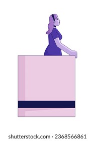 Caucasian woman staying on balcony flat line concept vector spot illustration. Girl looking up 2D cartoon outline character on white for web UI design. Editable isolated color hero image