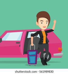 Caucasian woman with suitcase standing on the background of open car door. Young happy woman waving in front of car. Woman going to vacation by car. Vector flat design illustration. Square layout.