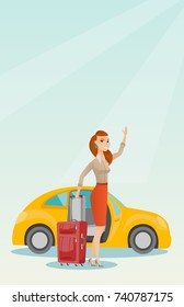 Caucasian woman with suitcase standing on the background of car with open door. Young woman waving in front of car. Happy woman going on vacation by car. Vector cartoon illustration. Vertical layout.