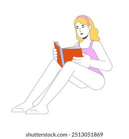 Caucasian woman in swimsuit reading book 2D cartoon character. Summertime activity. Young female resting on beach isolated person flat vector on white background. Spot illustration colorful