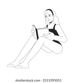 Caucasian woman in swimsuit reading book black and white 2D line character. Summertime activity. Young female resting on beach solated vector outline person. Monochromatic spot illustration