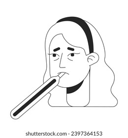 Caucasian woman taking oral temperature black and white 2D vector avatar illustration. Blonde young adult female sick outline cartoon character face isolated. Seasonal flu flat user profile image