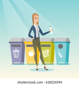 Caucasian woman throwing away garbage. Woman standing near four bins and throwing away garbage in an appropriate bin. Concept of garbage separation. Vector flat design illustration. Square layout.