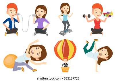 Caucasian woman training with stepper in the gym. Woman working out with stepper in the gym. Sportswoman standing on stepper. Set of vector flat design illustrations isolated on white background.