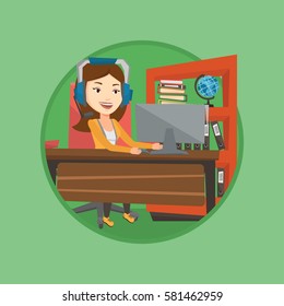 Caucasian woman using computer for playing games. Cheerful woman in headphones playing online games. Woman playing computer game. Vector flat design illustration in the circle isolated on background.