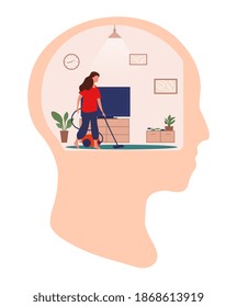 Caucasian woman vacuum cleaning room inside giant head. Concept of cleansing and purification of inner space, thoughts. Self care and mental health. Flat cartoon vector illustration.