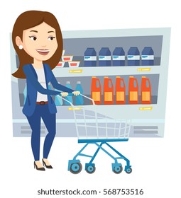 Caucasian woman walking with cart on aisle at supermarket. Woman pushing empty supermarket cart. Woman shopping at supermarket with cart. Vector flat design illustration isolated on white background.