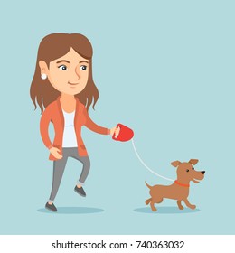 Caucasian woman walking with her small dog. Smiling woman walking with her dog on a leash. Young woman with a dog on a walk. Vector cartoon illustration. Square layout.