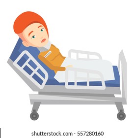 Caucasian woman wearing cervical collar and suffering from neck pain. Patient with injured neck lying in bed. Young woman with neck brace. Vector flat design illustration isolated on white background.
