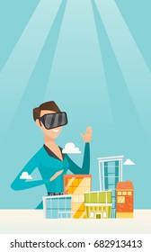 Caucasian woman wearing virtual reality headset and getting into vr world. Woman developing project of city architecture using virtual reality glasses. Vector cartoon illustration. Vertical layout.