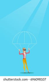 Caucasian woman wearing virtual reality glasses and flying with a parachute. Young excited woman in vr headset having fun while flying in virtual reality. Vector cartoon illustration. Vertical layout.