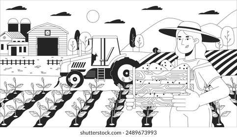 Caucasian woman working at farm black and white line illustration. European female farmer in field 2D character monochrome background. Agricultural business development outline scene vector image