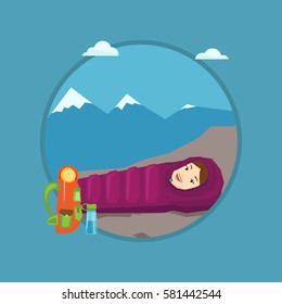 Caucasian woman wrapped up in a mummy sleeping bag. Happy smiling woman relaxing in a sleeping bag while camping in the mountains. Vector flat design illustration in the circle isolated on background.