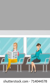 Caucasian women traveling by public transport. Woman using mobile phone while traveling by public transport. Woman reading newspaper in public transport. Vector cartoon illustration. Vertical layout.