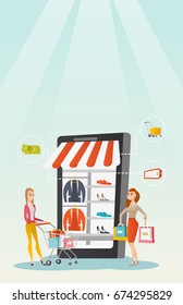 Caucasian women walking in the store that looks like a tablet computer. Young happy women doing online shopping. Women using mobile shopping. Vector flat design illustration. Vertical layout.