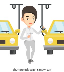 Caucasian worker of car factory. Engineer at work on car factory. Worker controlling automated assembly line for cars. Car production. Vector flat design illustration isolated on white background.