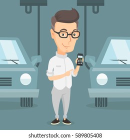 Caucasian worker of car factory. Happy young engineer at work on car factory. Worker controlling modern automated assembly line for cars. Car production. Vector flat design illustration. Square layout