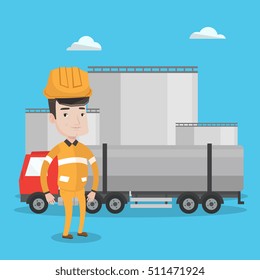 Caucasian worker of oil and gas industry. Refinery worker standing on the background of fuel truck and oil refinery plant. Man working at refinery plant. Vector flat design illustration. Square layout