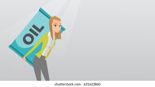 Caucasian worker of oil industry carrying barrel on her back. Woman walking with oil barrel on her back. Female worker holding heavy oil barrel. Vector flat design illustration. Horizontal layout.