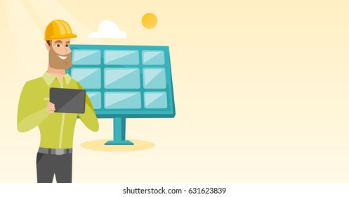 Caucasian worker of solar power plant. Engineer working on digital tablet at solar power plant. Engineer in hard hat checking solar panel setup. Vector flat design illustration. Horizontal layout.