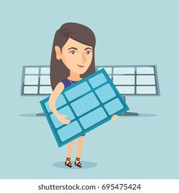 Caucasian worker of solar power plant holding solar panel in hands. Young woman with solar panel in hands standing on the background of solar power plant. Vector cartoon illustration. Square layout.