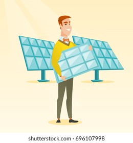 Caucasian worker of solar power plant holding solar panel in hands. Young man with panel in hands standing on the background of solar power plant. Vector flat design illustration. Square layout.