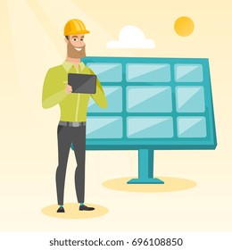 Caucasian worker of solar power plant. Hipster engineer working on digital tablet at solar power plant. Engineer in hard hat checking solar panel setup. Vector flat design illustration. Square layout.