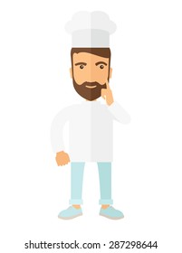 A caucasian worker trying to cook for dinner in his kitchen while looking at the cook book as his guide. Learning concept. A Contemporary style. Vector flat design illustration isolated white