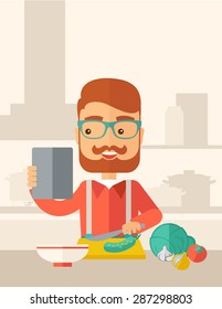A caucasian worker trying to cook for dinner in his kitchen while looking at the cook book as his guide. Learning concept. A Contemporary style with pastel palette, soft beige tinted background
