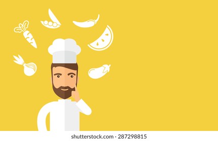 A caucasian worker trying to cook for dinner in his kitchen while looking at the cook book as his guide. Learning concept. A Contemporary style with pastel palette, soft beige tinted background