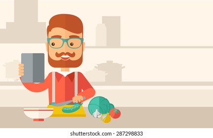 A caucasian worker trying to cook for dinner in his kitchen while looking at the cook book as his guide. Learning concept. A Contemporary style with pastel palette, soft beige tinted background