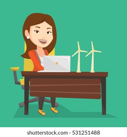 Kaukasischer Arbeiter der Windfarm arbeiten auf Laptop. Ingenieur, der im Büro Windturbine projiziert. Vektorflache Design-Illustration. Quadratisches Layout.
