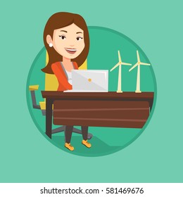 Kaukasischer Arbeiter der Windfarm arbeiten an einem Laptop. Ingenieur, der Windturbine projiziert. Lächelnder Ingenieur mit Modell der Windturbine. Vektorflache Design-Illustration im Kreis einzeln auf Hintergrund.