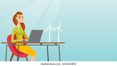 Caucasian worker of wind farm working on laptop. Engineer projecting wind turbine in office. Worker of wind farm working with model of wind turbine. Vector flat design illustration. Horizontal layout.