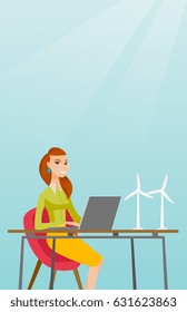 Caucasian worker of wind farm working on a laptop. Engineer projecting wind turbine in office. Worker of wind farm working with model of wind turbine. Vector flat design illustration. Vertical layout.