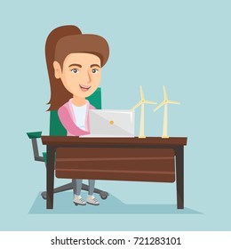 Caucasian worker of wind farm working on a laptop. Engineer projecting wind turbine in office. Worker of wind farm working with the model of wind turbine. Vector cartoon illustration. Square layout.