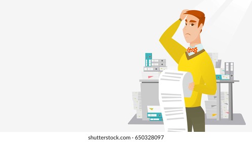 Caucasian Worried Business Man Standing With Long Bill In Hands. Disappointed Business Man Holding Long Bill. Businessman Looking At Long Bill. Vector Flat Design Illustration. Horizontal Layout.