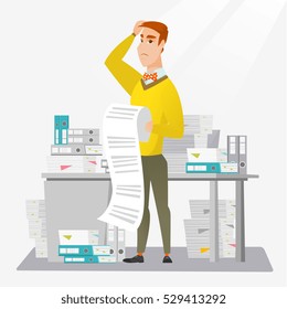 Caucasian worried businessman standing in office with long bill in hands. Disappointed businessman holding long bill. Businessman looking at long bill. Vector flat design illustration. Square layout.