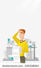 Caucasian worried businessman standing in office with long bill in hands. Disappointed businessman holding long bill. Businessman looking at long bill. Vector flat design illustration. Vertical layout