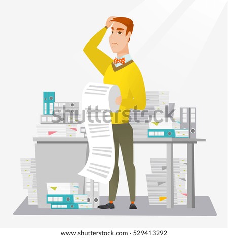 Caucasian worried businessman standing in office with long bill in hands. Disappointed businessman holding long bill. Businessman looking at long bill. Vector flat design illustration. Square layout.