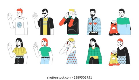 Caucasian young adult 2D linear cartoon characters set. European millennial isolated line vector people white background. Peace sign, hi welcome, music headphones color flat spot illustration bundle
